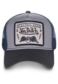 Casquette de camionneur avec un front gris, des côtés en maille bleu marine et une visière courbée. Présente un patch central brodé avec "Von Dutch" et un design ailé.