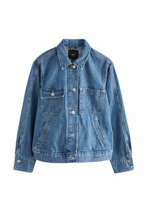 Denim jacket in light blue with a collared neck, front button closure, two chest pockets, and side pockets. Features contrasting stitching.