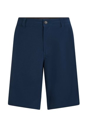 Tamsiai mėlyni šortai iš lygaus audinio, su sagos užsegimu, diržo kilpomis ir dviem priekinėmis kišenėmis, turintys švarų, priderintą dizainą.