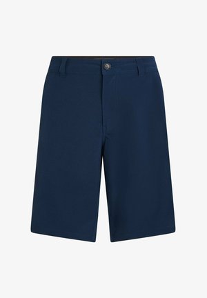 Tmavomodré šortky z hladkej látky, vybavené zapínaním na gombík, opaskovými očkami a dvoma prednými vreckami s čistým, upraveným dizajnom.
