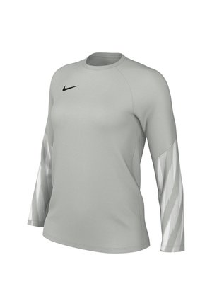 T-shirt de sport à manches longues gris clair avec col rond et motif à rayures diagonales blanches sur les manches inférieures, avec un logo Swoosh noir sur la poitrine.