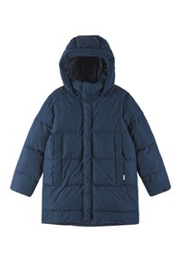 Cappotto puffa blu navy con cappuccio, caratterizzato da un design trapuntato, chiusura frontale con zip e due ampie tasche laterali. Tessuto morbido.
