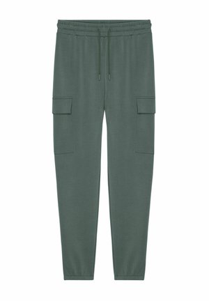 Green cargo pants made from soft fabric, featuring two large side pockets, an elastic waistband with a drawstring, and tapered legs.