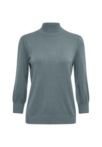 Ljusblå polotröja i mjukt, ribbat material; har långa ärmar med åtsittande muddar och en avslappnad passform över kroppen.