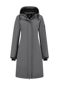 Grå vattentät jacka med huva, dragkedja fram, sidofickor och justerbara ärmmuddar. Slät textur med kontrasterande svarta accenter.