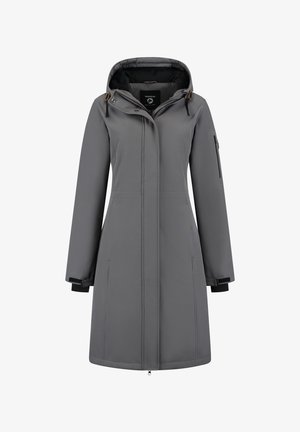 Manteau imperméable gris avec capuche, fermeture éclair à l'avant, poches latérales et poignets ajustables. Texture lisse avec accents noirs contrastants.