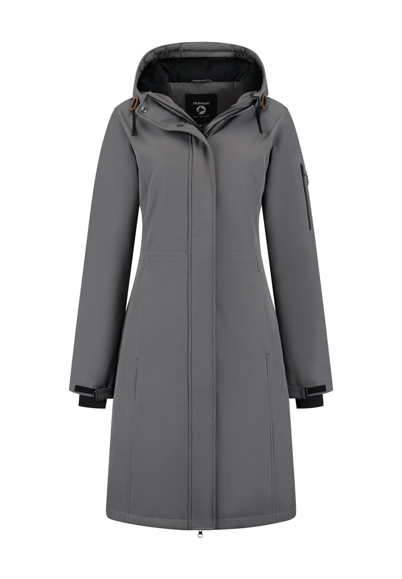 Grå vattentät jacka med huva, dragkedja fram, sidofickor och justerbara ärmmuddar. Slät textur med kontrasterande svarta accenter.