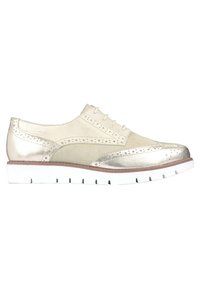 Scarpe brogue con lacci caratterizzate da una combinazione di pelle metallica oro e crema, con dettagli perforati e suola in gomma bianca.