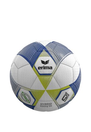 Weißer und blauer Erima Hybrid Trainingsfußball mit grünen Akzenten und der Größenangabe 4.