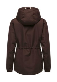 Veste à capuche brun foncé à manches longues, poignets élastiques et taille cintrée vue de dos sur fond blanc.