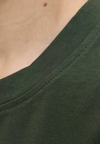 Žalios medvilnės marškinėlių apykaklė su banguota tekstūra, demonstruojanti lygią siūlę ir detalius siūlus. Artimas vaizdas, akcentuojantis audinio kokybę.