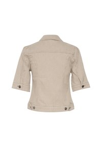 Raidallinen beige lyhythihainen takki, jossa on kaulukset, takakappaleen yläosa ja napilliset hihansuut. Takissa on kaksi nappia vyötäröllä sulkemista varten.