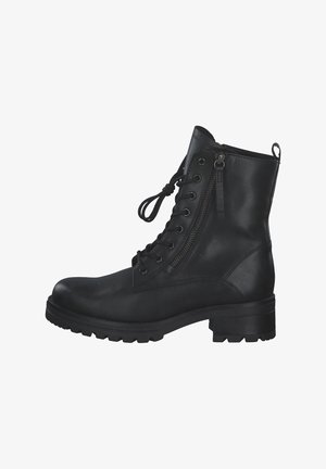 Bottines en cuir noir avec un bout arrondi, surface texturée, lacets à l'avant, fermeture éclair latérale et semelle en caoutchouc épaisse.