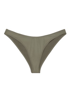 Făcut dintr-un material de culoare verde măsliniu, slipul de bikini are un design minimalist. Acesta prezintă o textură netedă, o croială cu talie medie și o cusătură de contrast pe margini.