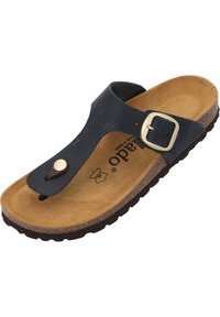 Sandalo in pelle nera con design a striscia tra le dita, cinturino regolabile con fibbia dorata e soletta imbottita color tan per il massimo comfort.