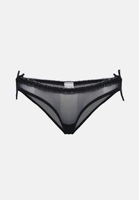 Čierne nohavičky v štýle bikín s priesvitnou textúrovanou látkou. Na páse sú zdobené čipkou a po oboch stranách majú nastaviteľné šnúrky.