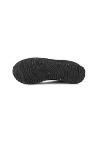 Suola di scarpa nera con un motivo a onda e superficie testurizzata; presenta impugnature circolari e un'impronta del logo. Realizzata in materiale gommoso.