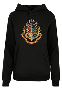Zwarte hoodie met een kleurrijk, gedetailleerd Hogwarts-wapen op de voorkant, voorzien van een kangoeroe zak en een capuchon met trekken.