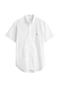 White short-sleeve button-up shirt with chest pocket and small embroidered logo on pocket, classic collar, and curved hem.