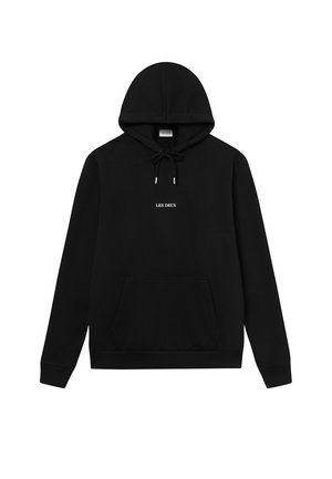 Zwarte hoodie van een katoenmix; beschikt over een voorzak, een capuchon met trekkoord en gecentreerde witte tekst "LES DEUX" op de borst.
