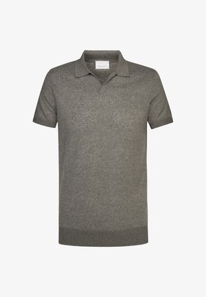 Kurzärmliges Poloshirt aus grauem Strickstoff, mit klassischem Kragen, geripptem Saum und dezentem Muster.