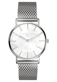 Silberner Armband aus Edelstahl mit einem runden Zifferblatt aus weißem Perlmutt, minimalistischen Stundenmarkierungen und einer einfachen Krone.