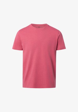 Schlichtes T-Shirt mit kurzen Ärmeln und Rundhalsausschnitt in einem einfarbigen Rosapink, präsentiert vor einem weißen Hintergrund.