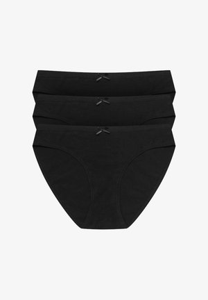 Czarny bawełniany paczka bielizny, trzy sztuki, o gładkiej fakturze, kroju o średnim wzroście, z dekoracyjnymi czarnymi wstążkami na pasie.