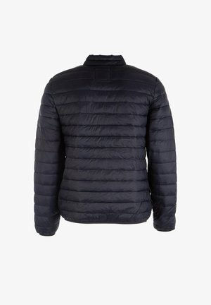 Doudoune bleu marine avec un design matelassé, dotée d'un col montant, de manches longues et d'un ourlet élastique. Texture lisse, construction légère.