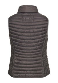 Grå polstret vest med højt krave, der har et quiltet design, sidelommer og et lille logo-patch på ryggen. Letvægtsmateriale.