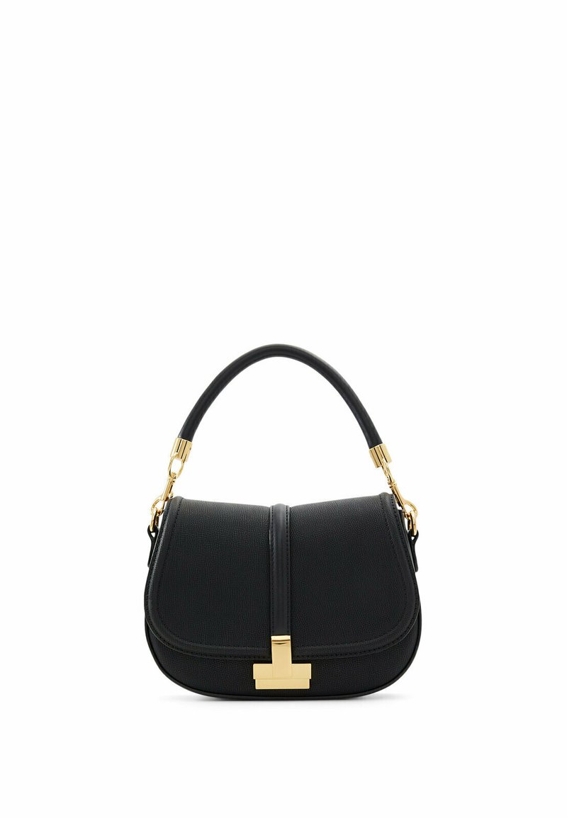 Borsa a tracolla in pelle nera con finitura testurizzata, pattina curva, dettagli in oro e manico corto. Presenta un dettaglio centrale con chiusura.
