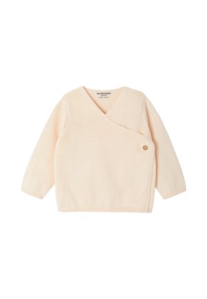 Cream-colored knitted baby cardigan with long sleeves, wrap-style front, and single wooden button closure on the side.