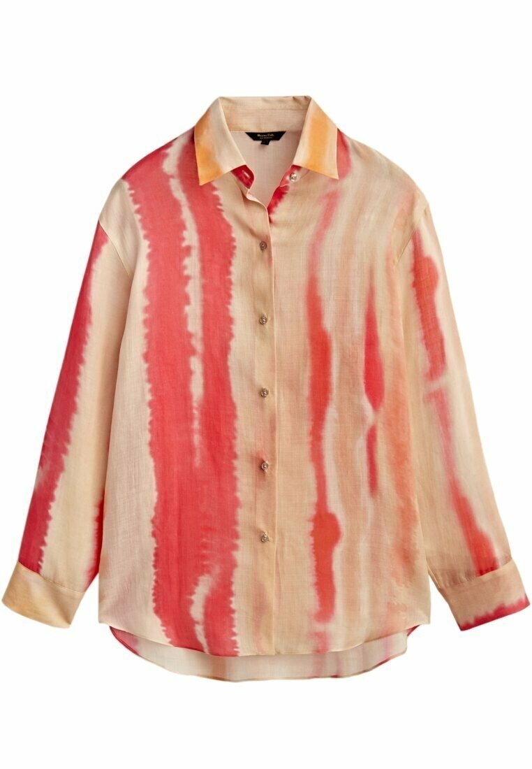Button-up shirt in lightweight fabric with red and peach watercolor stripes. Features a soft orange collar and cuffs, relaxed fit.