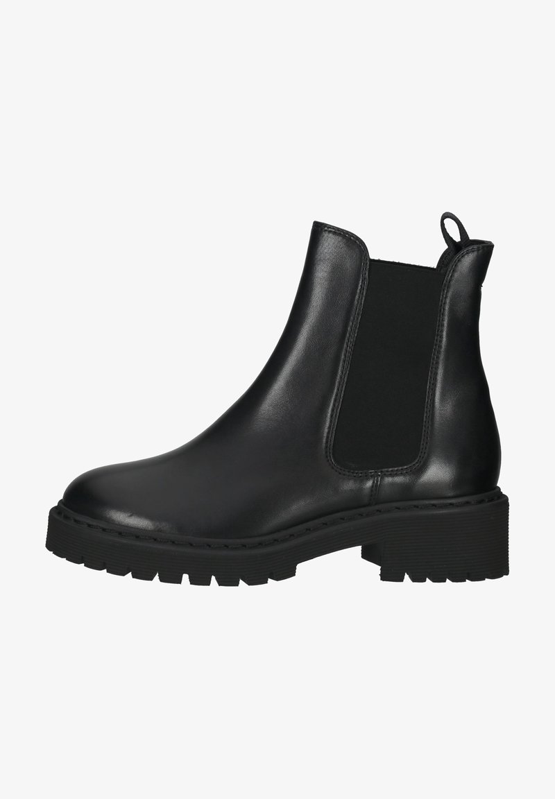 Botte Chelsea en cuir noir avec panneau latéral élastique, languette au talon, semelle crantée épaisse et petit talon bloc.