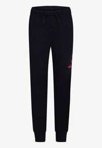 Černé teplákové kalhoty s elastickým pasem a šňůrkou, zužující se nohavice s manžetami a částečná červenobílá grafika na pravém stehně.