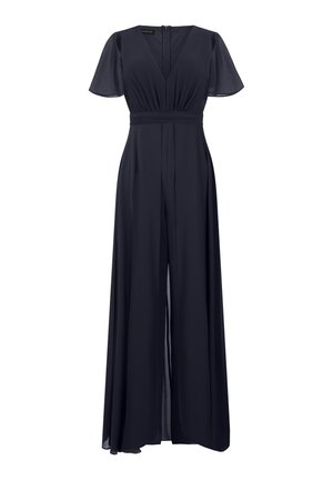 Mørkeblå jumpsuit med korte flæseærmer, V-udskæring, figursyet talje, bukser med vide ben og lynlås bagpå.