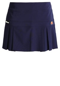 Falda deportiva plisada en color navy, hecha de tejido que absorbe la humedad, con una cintura elástica y un pequeño parche con el logotipo en la parte delantera.