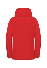 Rote langärmelige Jacke mit hohem Kragen, von hinten auf weißem Hintergrund gezeigt.