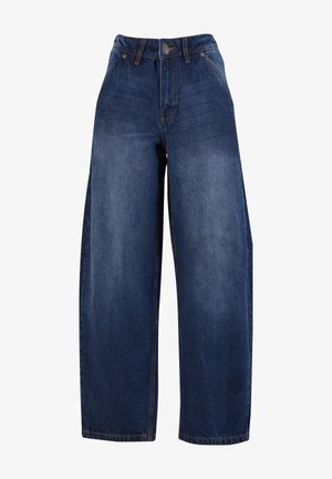 Jeans din denim închis, cu pantaloni largi, featuring un talie înaltă, design cu cinci buzunare și închidere cu nasture. Materialul are o ușoară estompare și o textură netedă.