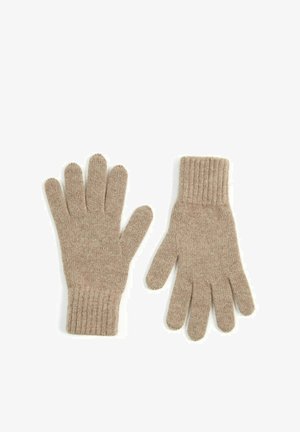 Paire de gants en laine beige tricotée avec poignets côtelés, posés à plat avec les doigts étendus sur un fond blanc.