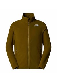 Olive green full-zip fleece jacket with stand collar, side zip pockets, and white "The North Face" logo on the chest.