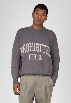 Jeune homme portant un pull gris avec le texte "PROHIBITED BERLIN" et un pantalon plissé gris clair sur un fond clair uni.
