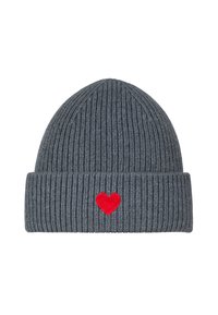 Gray ribbed knit beanie with a folded brim and a red heart patch on the front. Soft texture, fitted design.