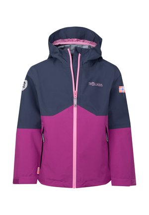 Kinder-Kapuzenjacke in Dunkelblau und Lila mit pinkem Reißverschluss, norwegischer Flagge am Ärmel und Trollkids-Logo auf der Brust.