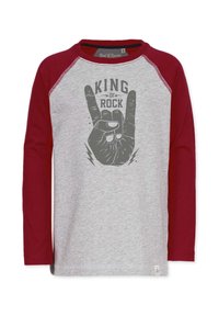 Langærmet t-shirt med grå krop og bordeaux raglanærmer. Har en hånd, der laver en rock gestus, med teksten "KING OF ROCK" i sort.