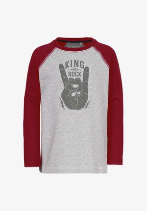 Langærmet t-shirt med grå krop og bordeaux raglanærmer. Har en hånd, der laver en rock gestus, med teksten "KING OF ROCK" i sort.