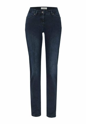 Mørkeblå slim-fit jeans i denim med forlommer, knaplukning og bæltestropper, vist på en hvid baggrund.