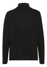 Schwarzer Pullover mit hohem Kragen, gestrickter Textur und geripptem Saum. Verfügt über lange Ärmel und eine lockere Passform. Keine sichtbaren Muster oder Hardware.