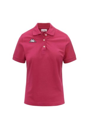 Polo in un vivace colore rosa, realizzato in cotone, con colletto, maniche corte, pattina con bottoni e un logo ricamato bianco sul lato sinistro del petto.