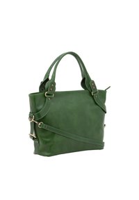 Borsa a tracolla verde in pelle con manici doppi, tracolla regolabile, accessori in ottone e una texture liscia. Presenta una chiusura superiore sicura.